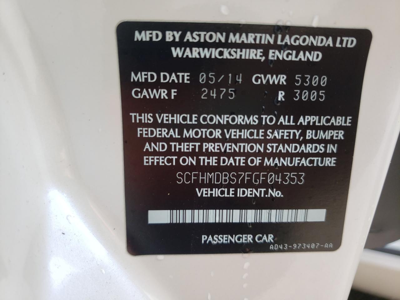 Photo 10 from auction – 2015 ASTON MARTIN RAPIDE S with VIN SCFHMDBS7FGF04353