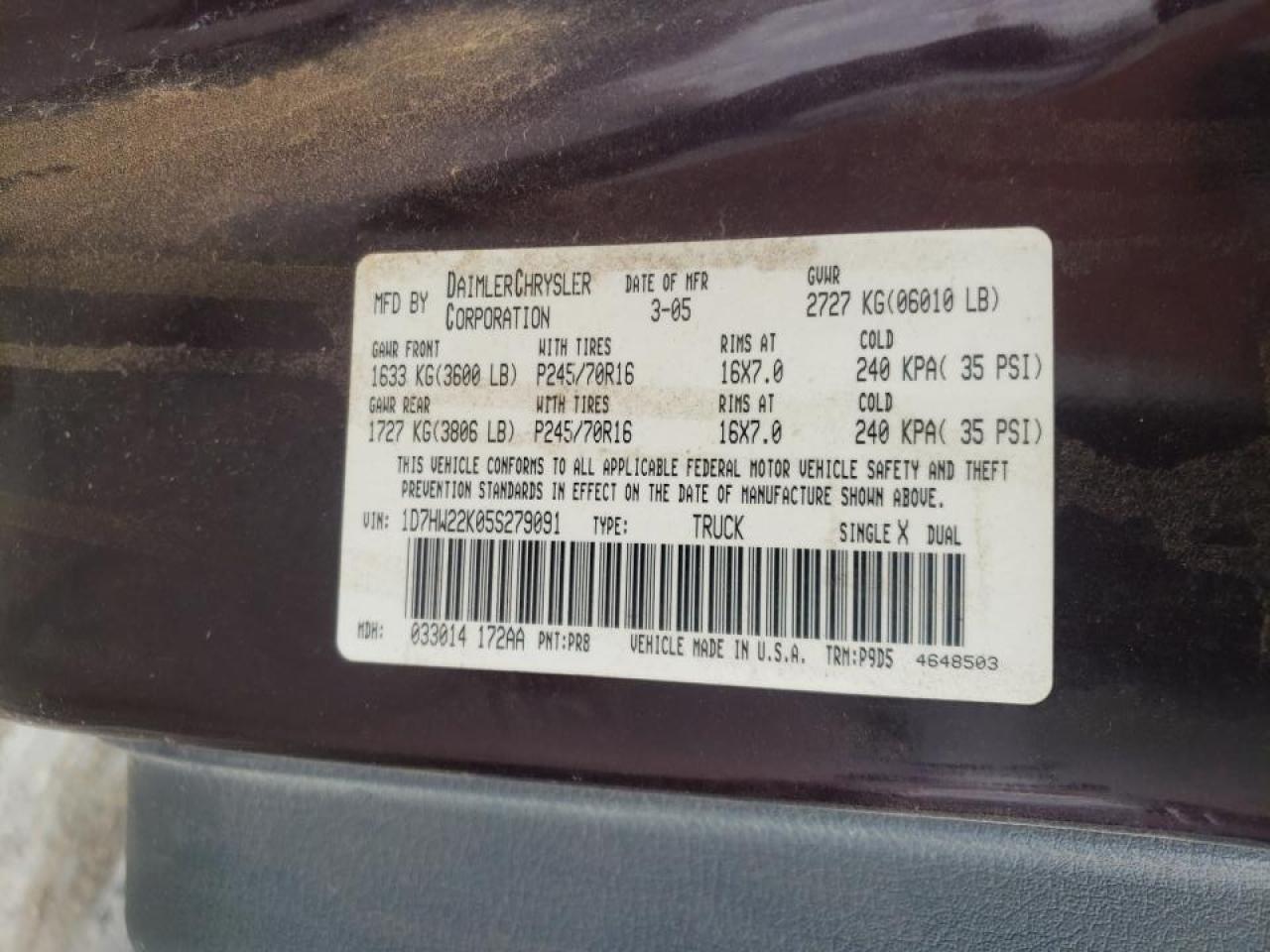 Photo 10 from auction – 2005 DODGE DAKOTA ST with VIN 1D7HW22K05S279091
