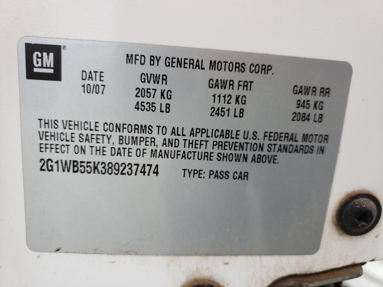Photo 10 from auction – 2008 CHEVROLET IMPALA LS with VIN 2G1WB55K389237474