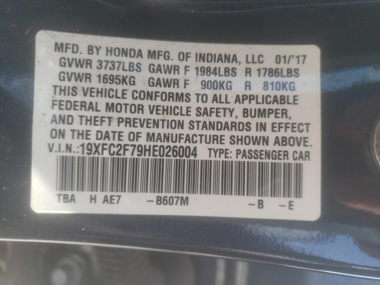 Photo 10 from auction – 2017 HONDA CIVIC EX with VIN 19XFC2F79HE026004