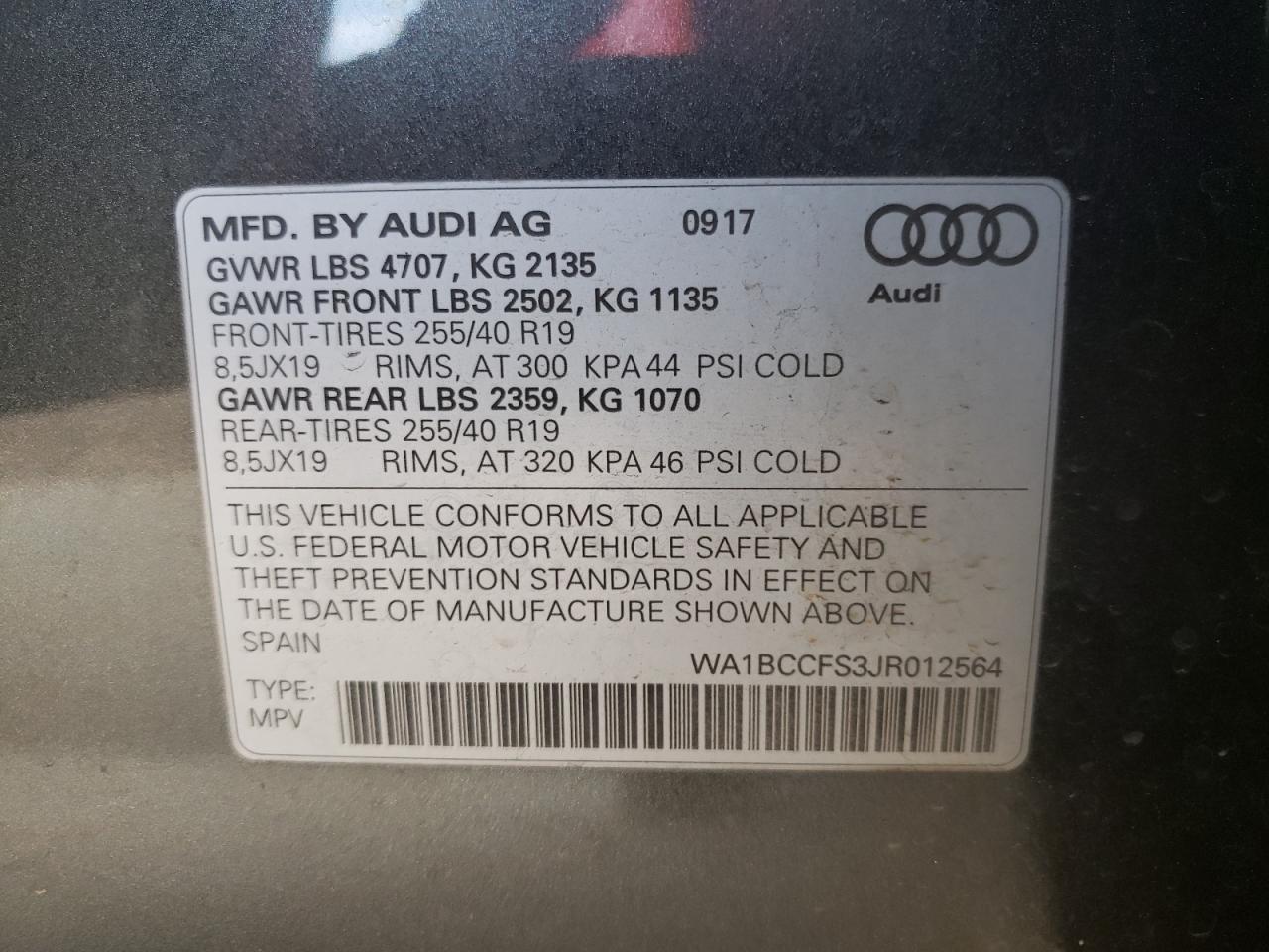 Photo 10 from auction – 2018 AUDI Q3 PREMIUM with VIN WA1BCCFS3JR012564