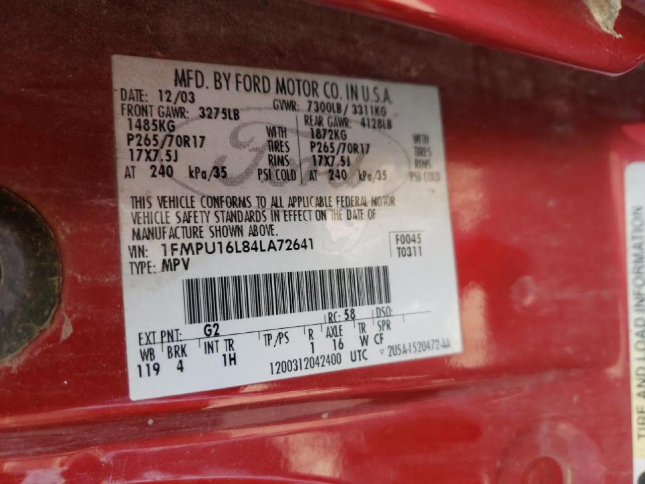 Photo 10 from auction – 2004 FORD EXPEDITION with VIN 1FMPU16L84LA72641