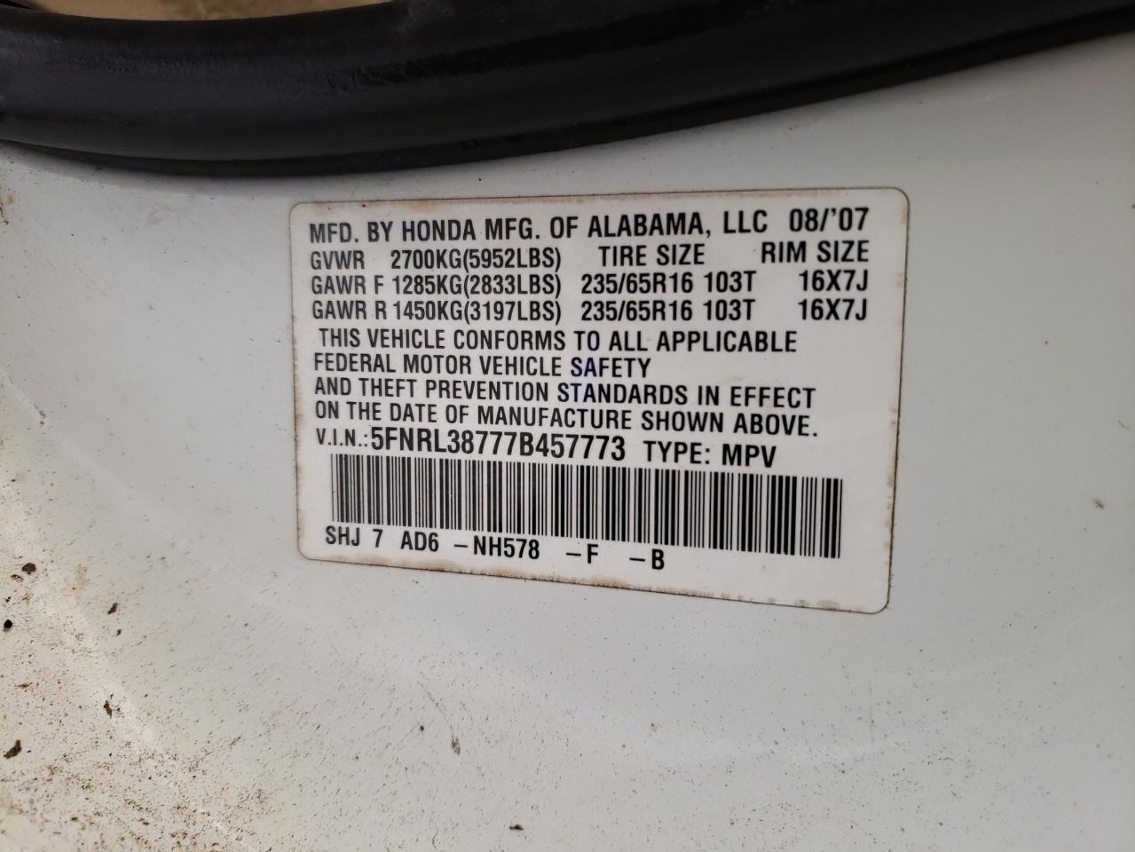 Photo 10 from auction – 2007 HONDA ODYSSEY EX with VIN 5FNRL38777B457773
