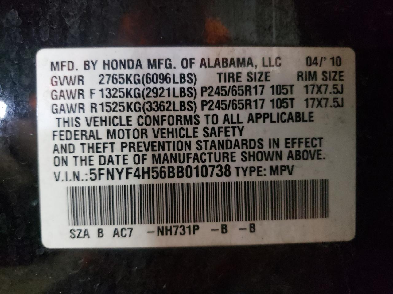 Photo 10 from auction – 2011 HONDA PILOT EXL with VIN 5FNYF4H56BB010738
