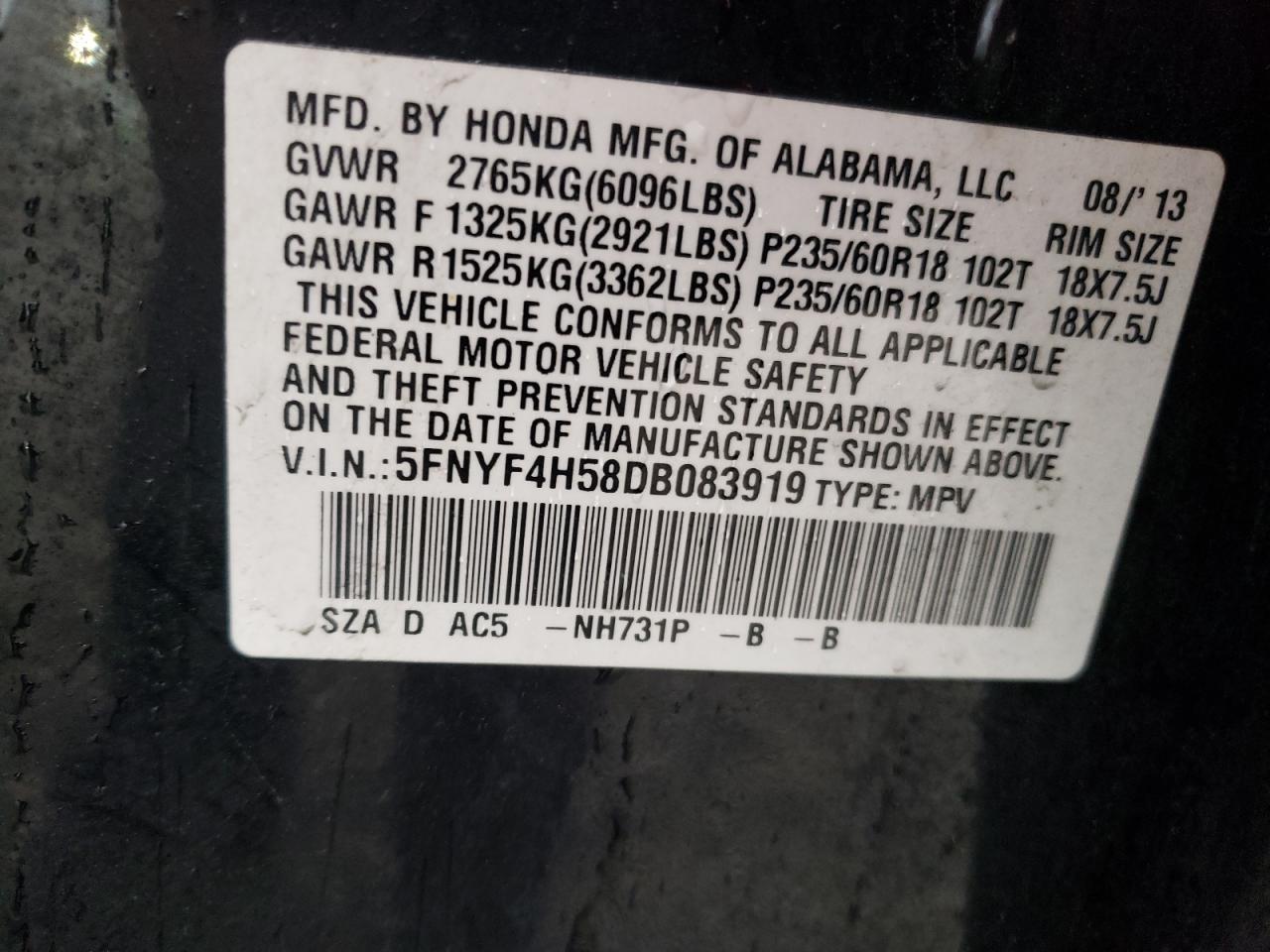 Photo 10 from auction – 2013 HONDA PILOT EXL with VIN 5FNYF4H58DB083919