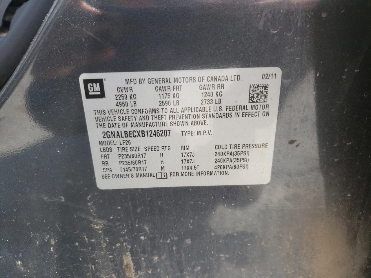 Photo 10 from auction – 2011 CHEVROLET EQUINOX LS with VIN 2GNALBECXB1246207
