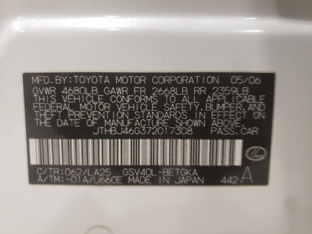 Photo 10 from auction – 2007 LEXUS ES 350 with VIN JTHBJ46G372017308