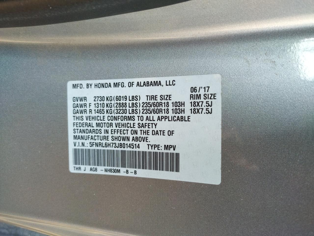 Photo 10 from auction – 2018 HONDA ODYSSEY EX with VIN 5FNRL6H73JB014514