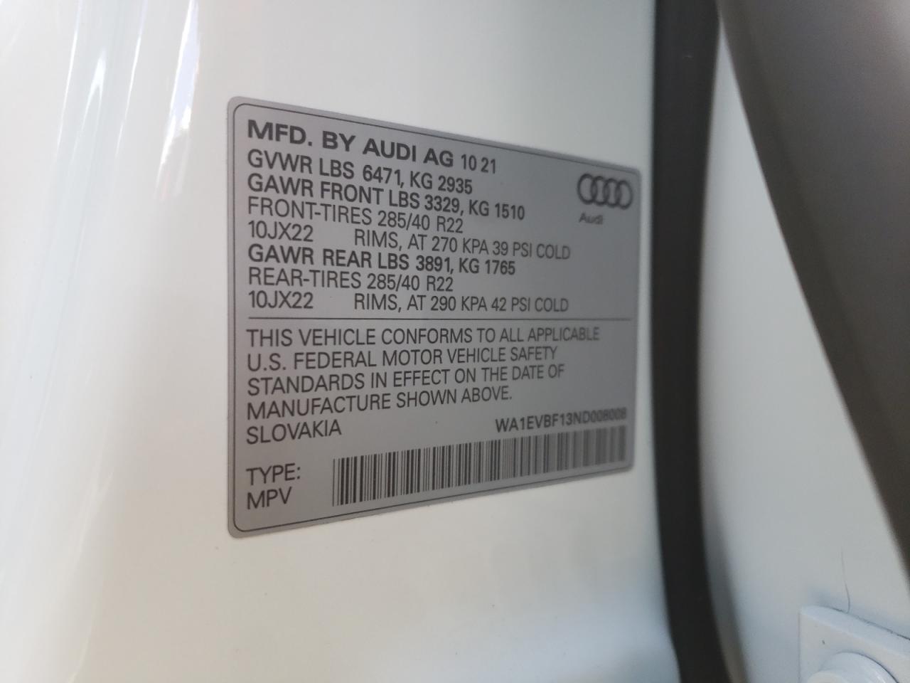 Photo 10 from auction – 2022 AUDI Q8 with VIN WA1EVBF13ND008008