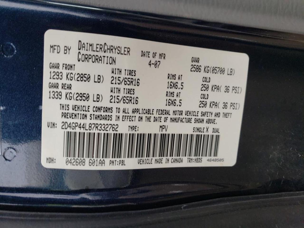 Photo 10 from auction – 2007 DODGE GRAND CARA with VIN 2D4GP44L87R332762