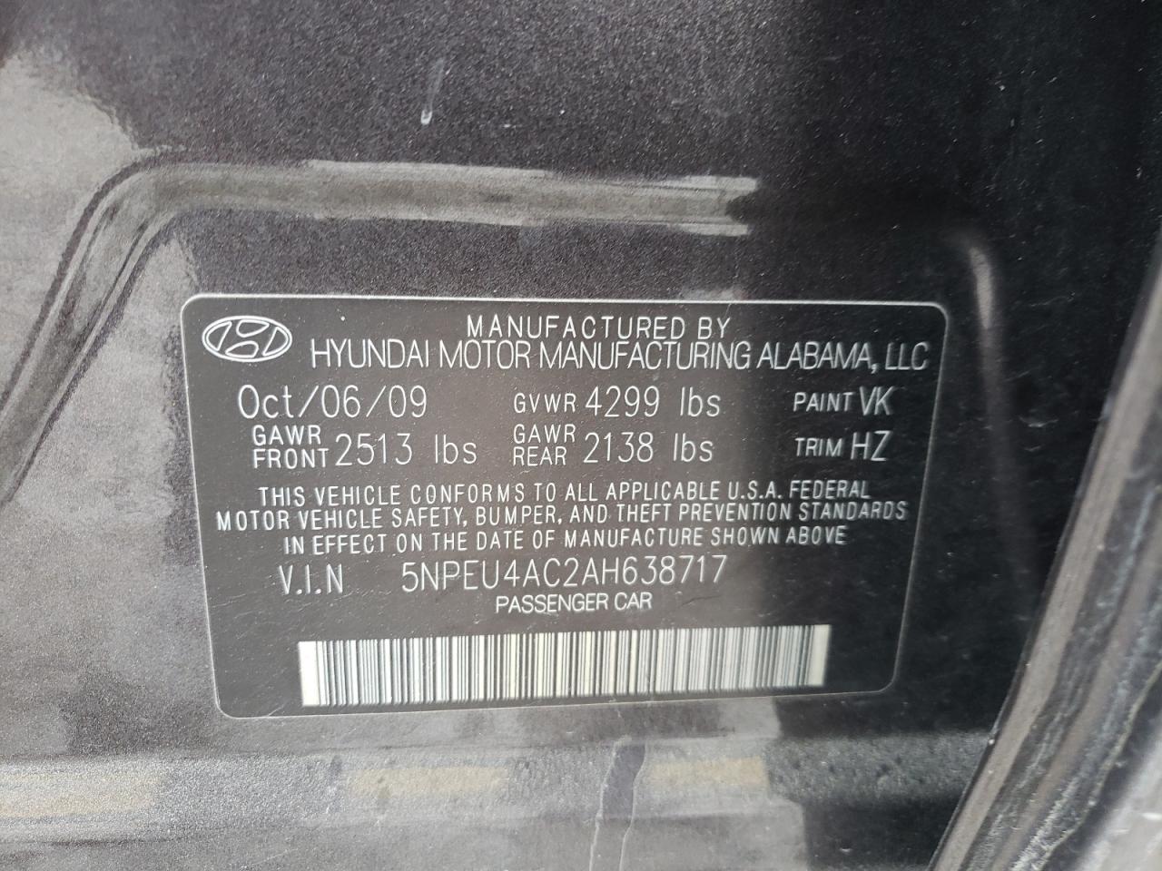 Photo 10 from auction – 2010 HYUNDAI SONATA SE with VIN 5NPEU4AC2AH638717