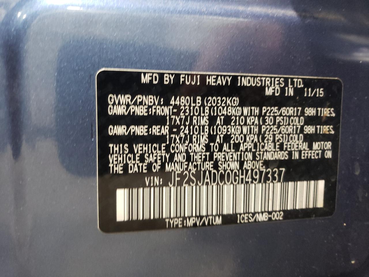 Photo 10 from auction – 2016 SUBARU FORESTER 2 with VIN JF2SJADC0GH497337