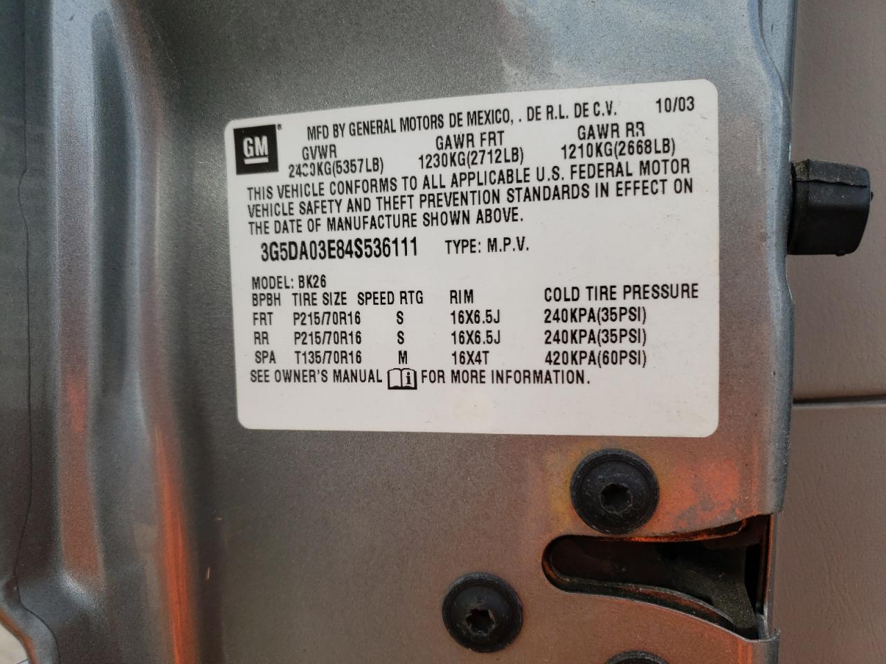 Photo 10 from auction – 2004 BUICK RENDEZVOUS with VIN 3G5DA03E84S536111