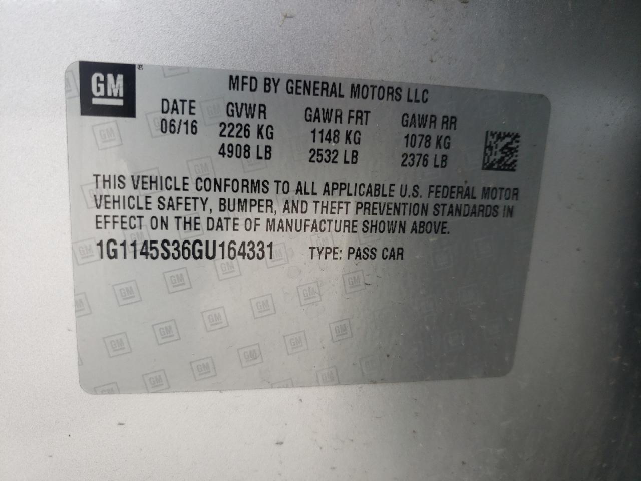 Photo 10 from auction – 2016 CHEVROLET IMPALA LTZ with VIN 1G1145S36GU164331