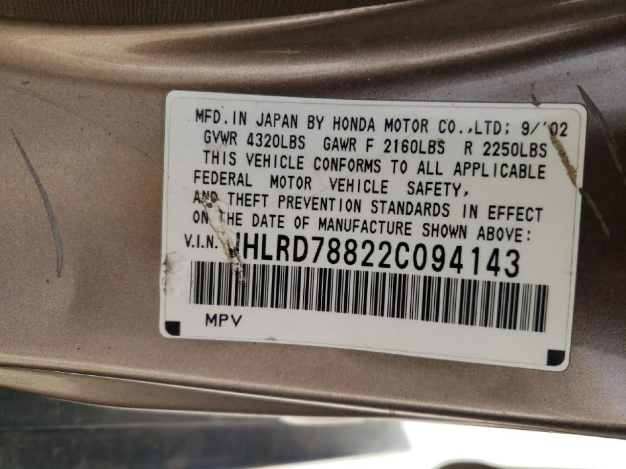 Photo 10 from auction – 2002 HONDA CR-V EX with VIN JHLRD78822C094143