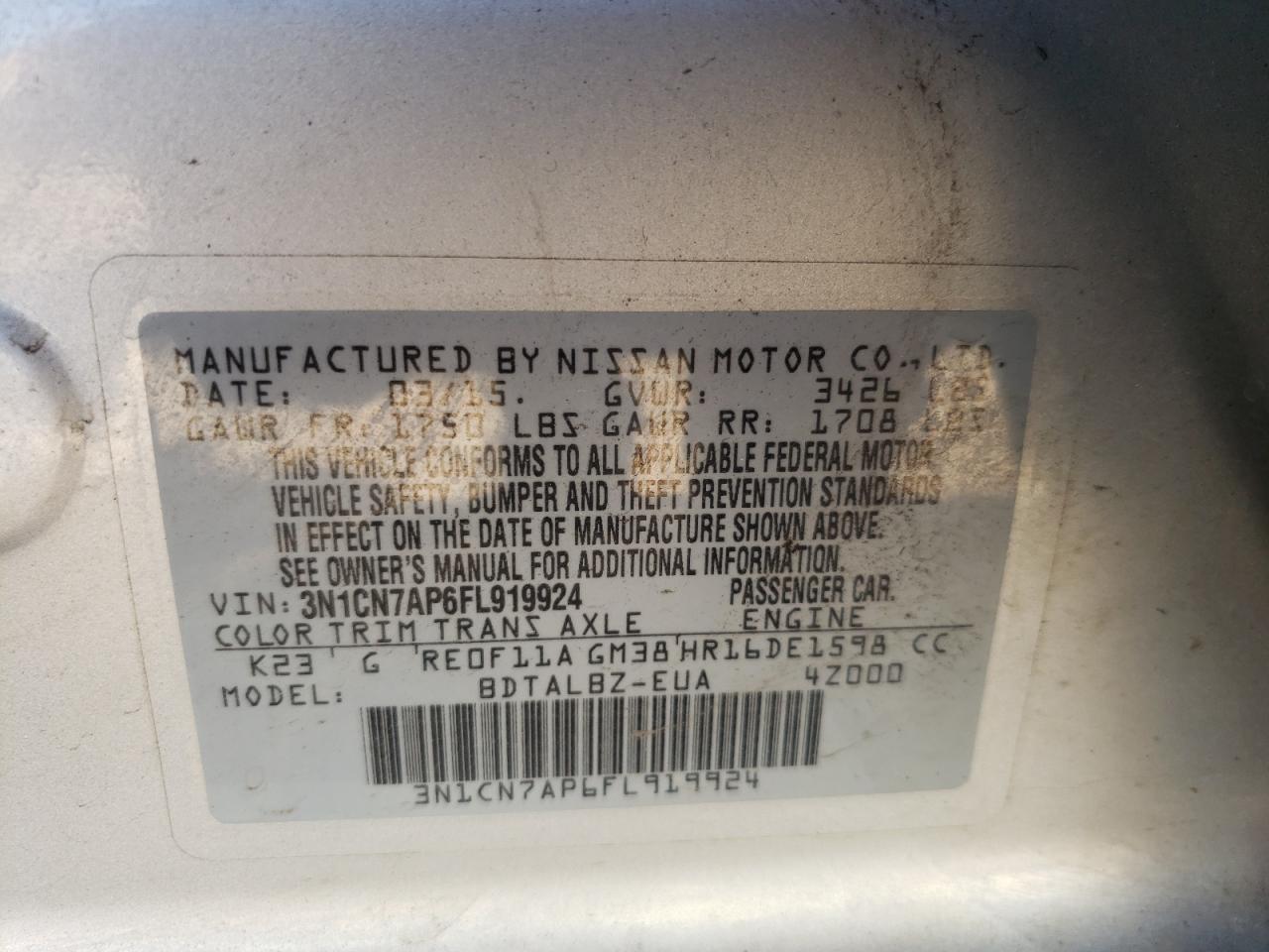 Photo 10 from auction – 2015 NISSAN VERSA S with VIN 3N1CN7AP6FL919924