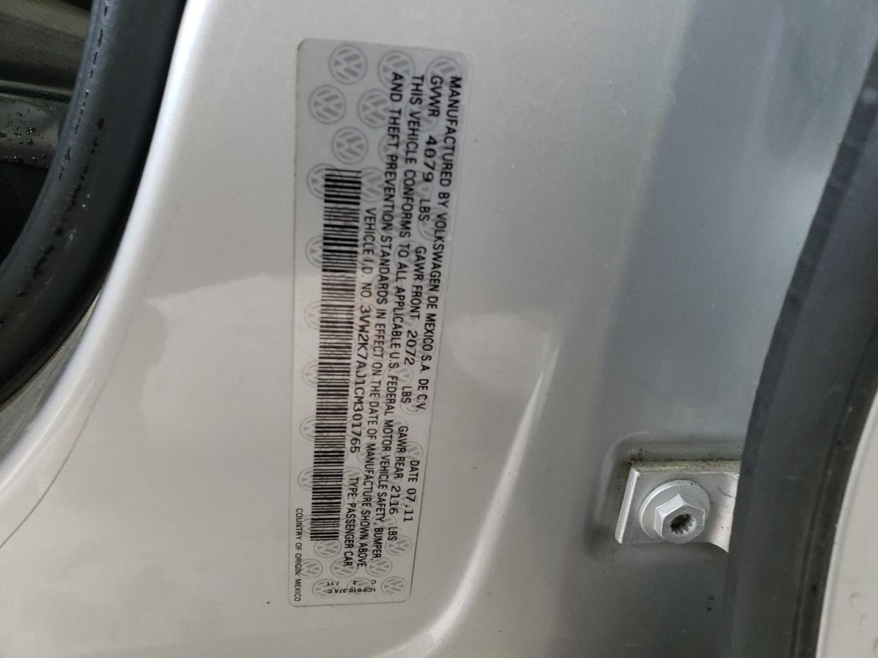 Photo 10 from auction – 2012 VOLKSWAGEN JETTA BASE with VIN 3VW2K7AJ1CM301765