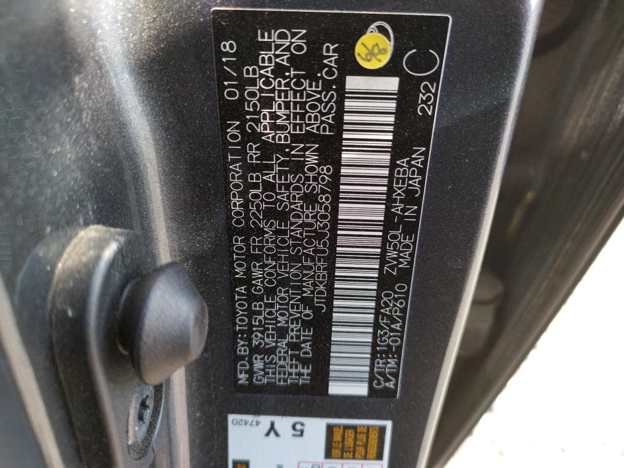 Photo 10 from auction – 2018 TOYOTA PRIUS with VIN JTDKBRFU5J3058798
