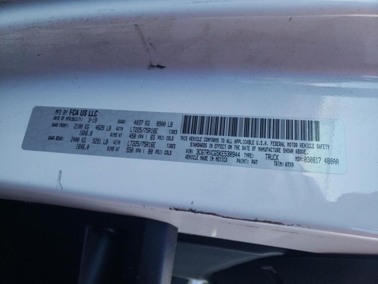 Photo 10 from auction – 2019 RAM PROMASTER with VIN 3C6TRVCG5KE530944