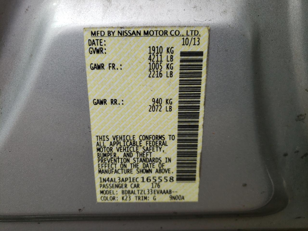 Photo 10 from auction – 2014 NISSAN ALTIMA 2.5 with VIN 1N4AL3AP1EC165558