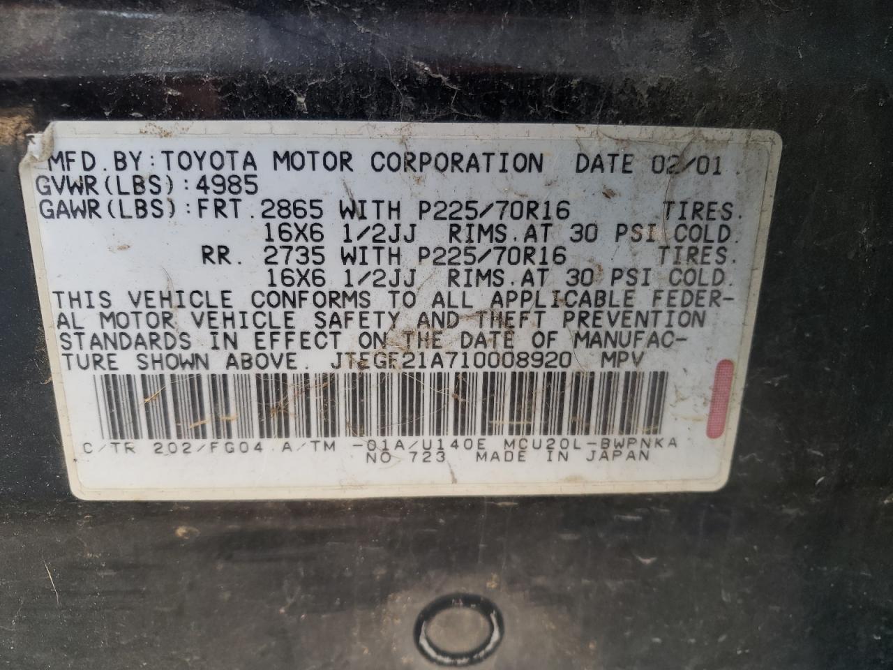 Photo 10 from auction – 2001 TOYOTA HIGHLANDER with VIN JTEGF21A710008920