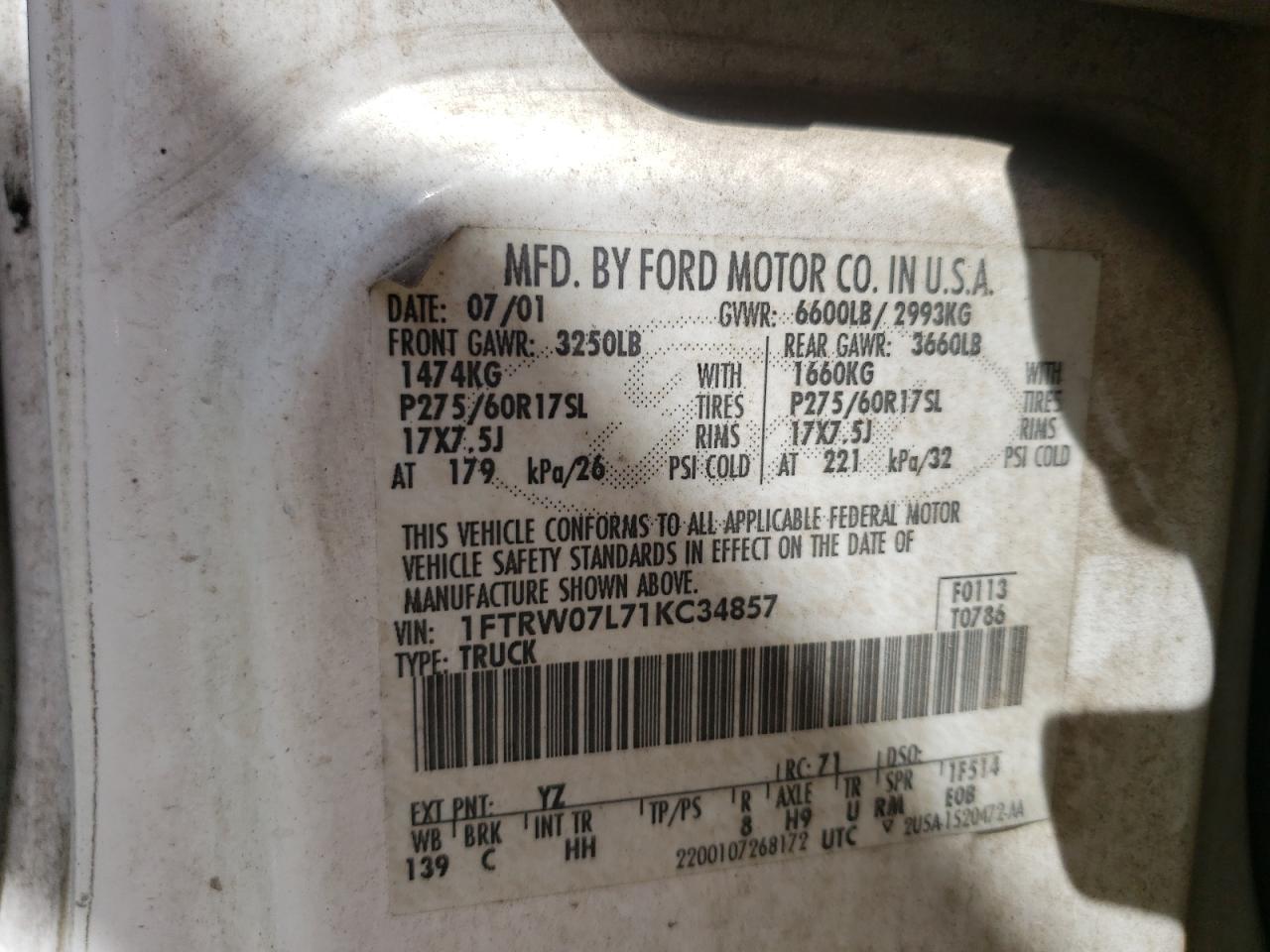 Photo 10 from auction – 2001 FORD F150 SUPER with VIN 1FTRW07L71KC34857