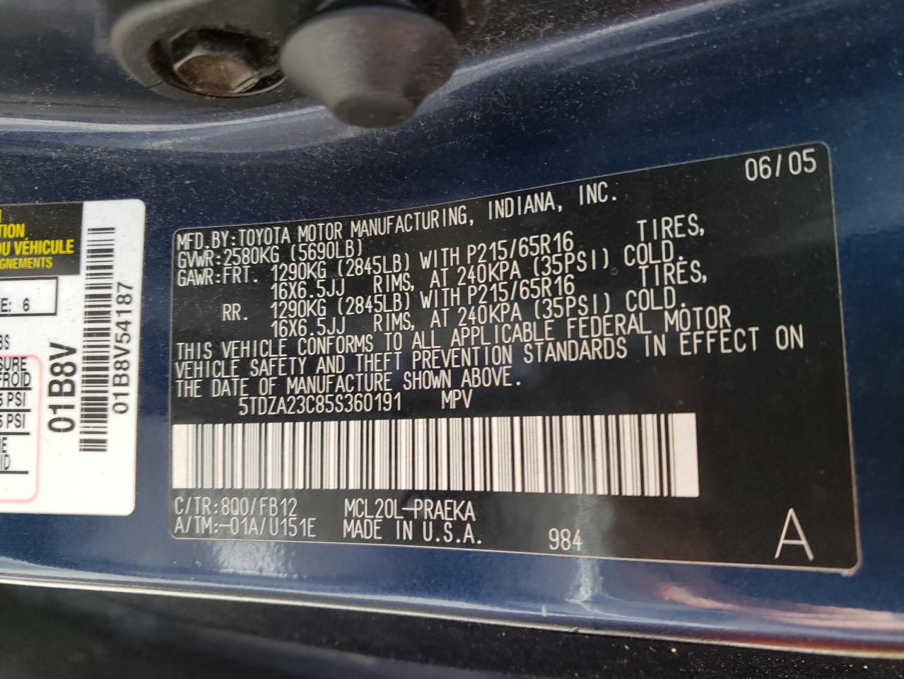 Photo 10 from auction – 2005 TOYOTA SIENNA CE with VIN 5TDZA23C85S360191
