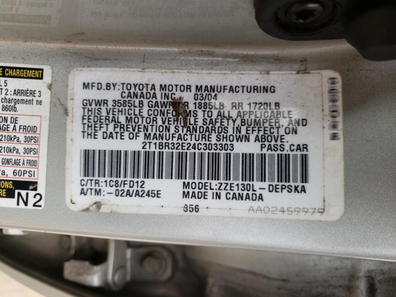 Photo 10 from auction – 2004 TOYOTA COROLLA with VIN 2T1BR32E24C303303