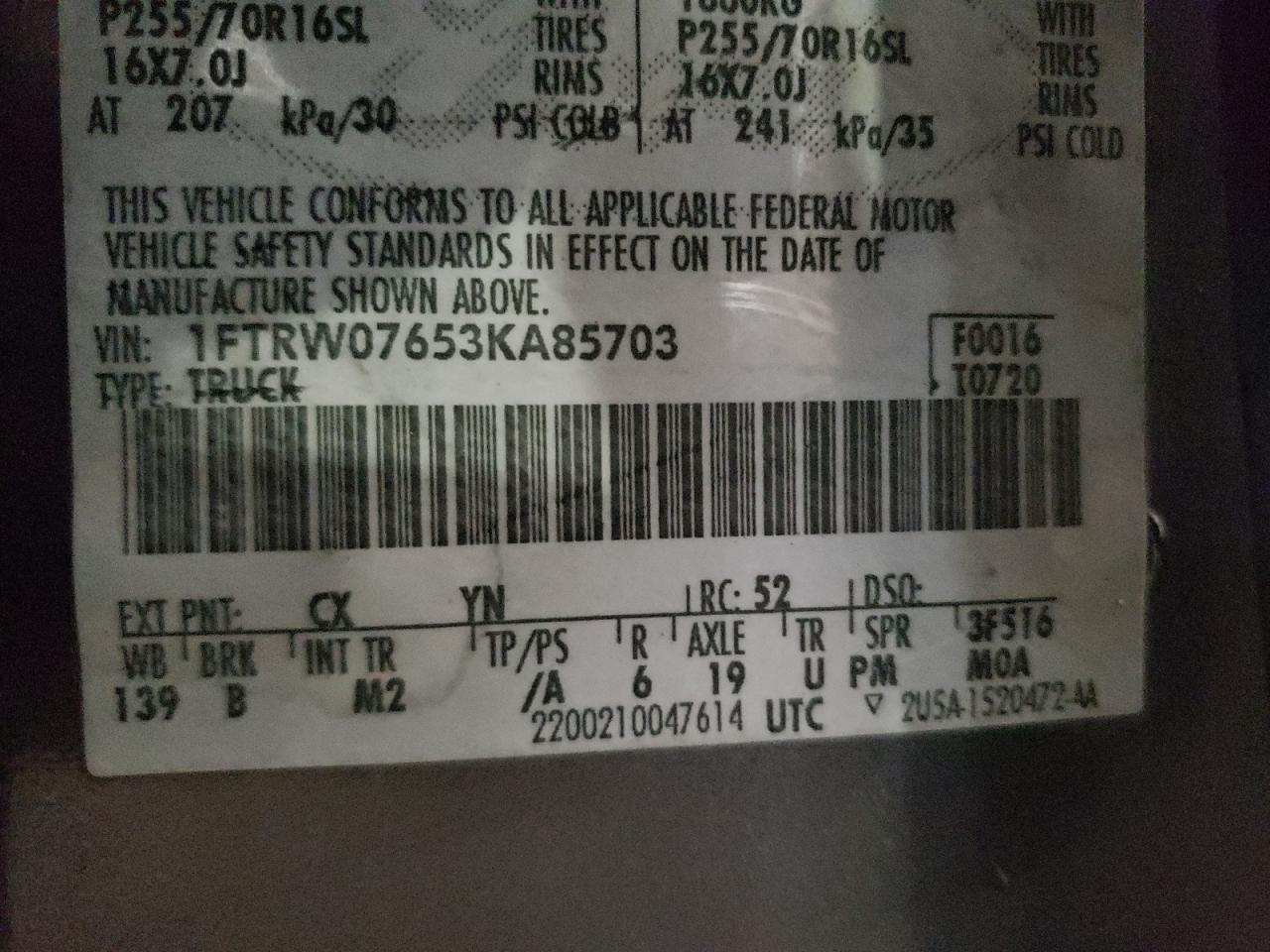 Photo 10 from auction – 2003 FORD F150 SUPER with VIN 1FTRW07653KA85703