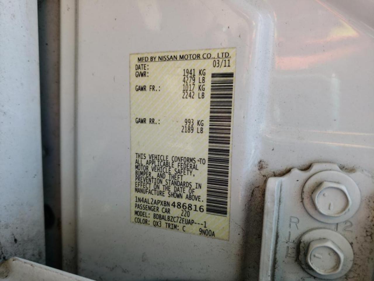 Photo 10 from auction – 2011 NISSAN ALTIMA BAS with VIN 1N4AL2APXBN486816