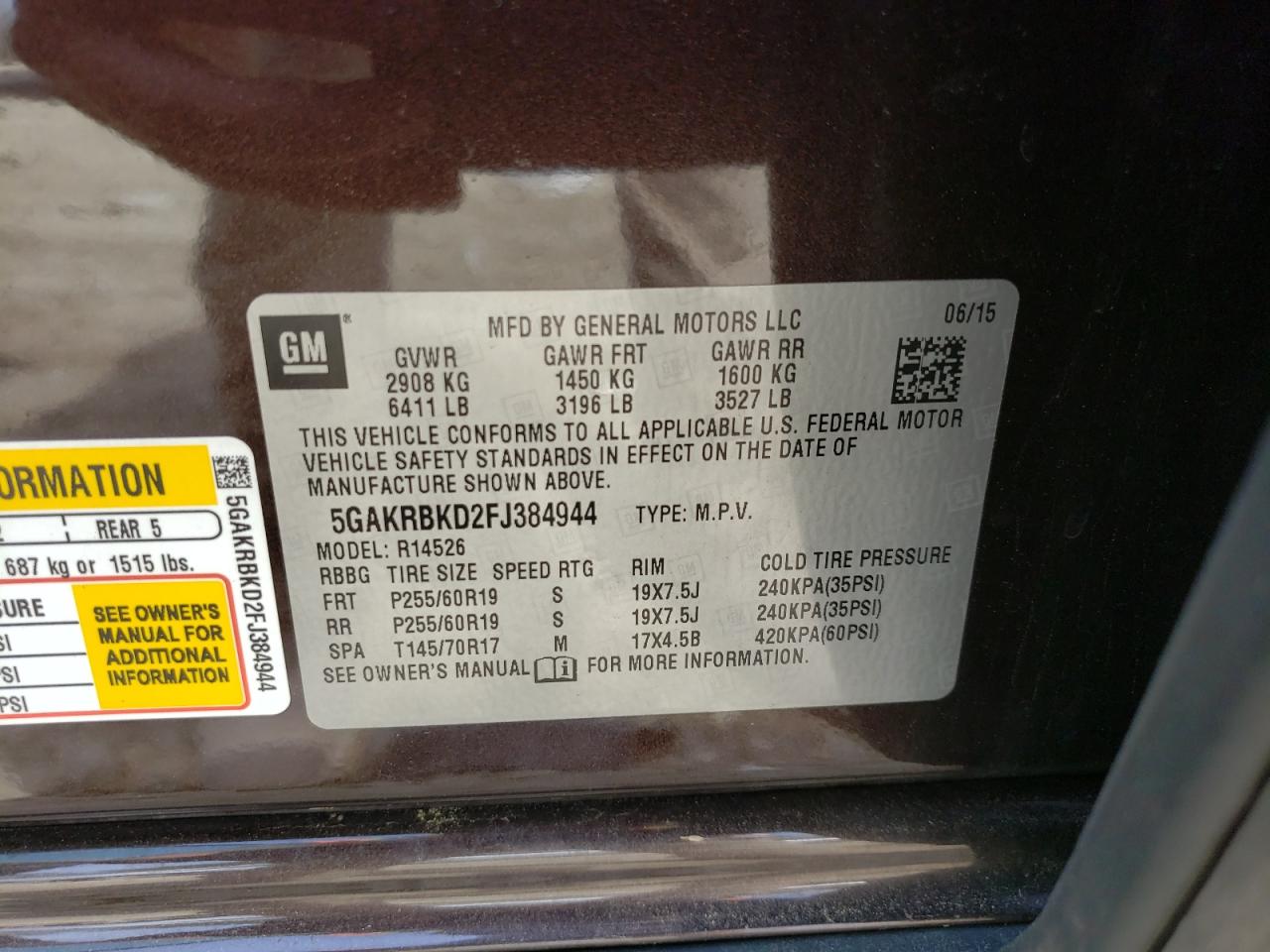 Photo 10 from auction – 2015 BUICK ENCLAVE with VIN 5GAKRBKD2FJ384944