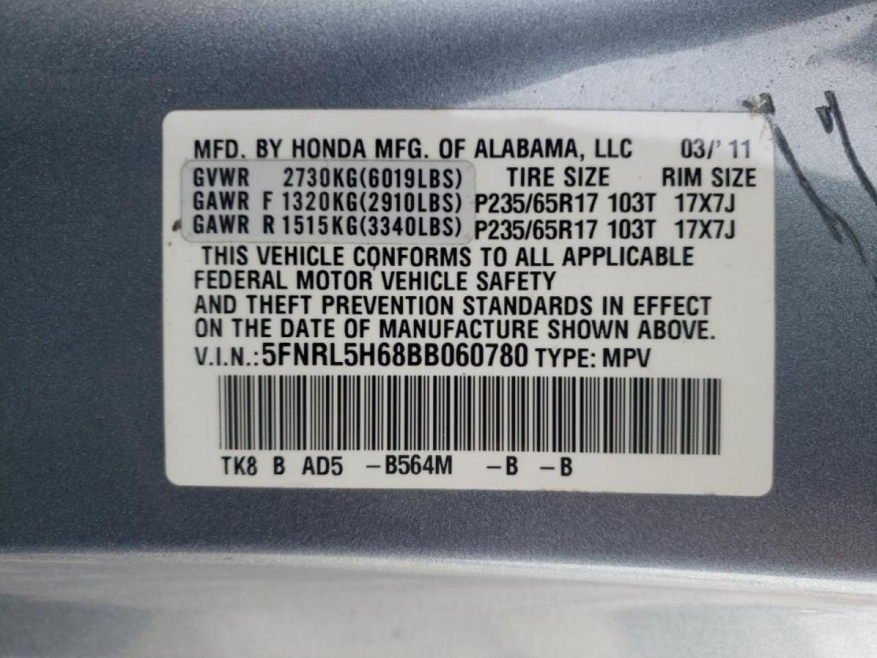 Photo 10 from auction – 2011 HONDA ODYSSEY EX with VIN 5FNRL5H68BB060780