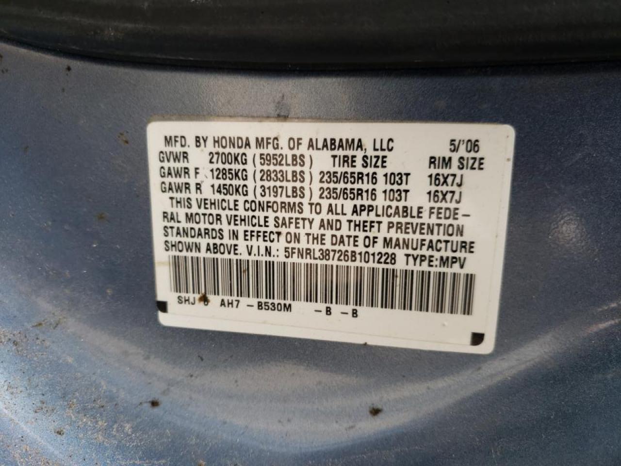 Photo 10 from auction – 2006 HONDA ODYSSEY EX with VIN 5FNRL38726B101228