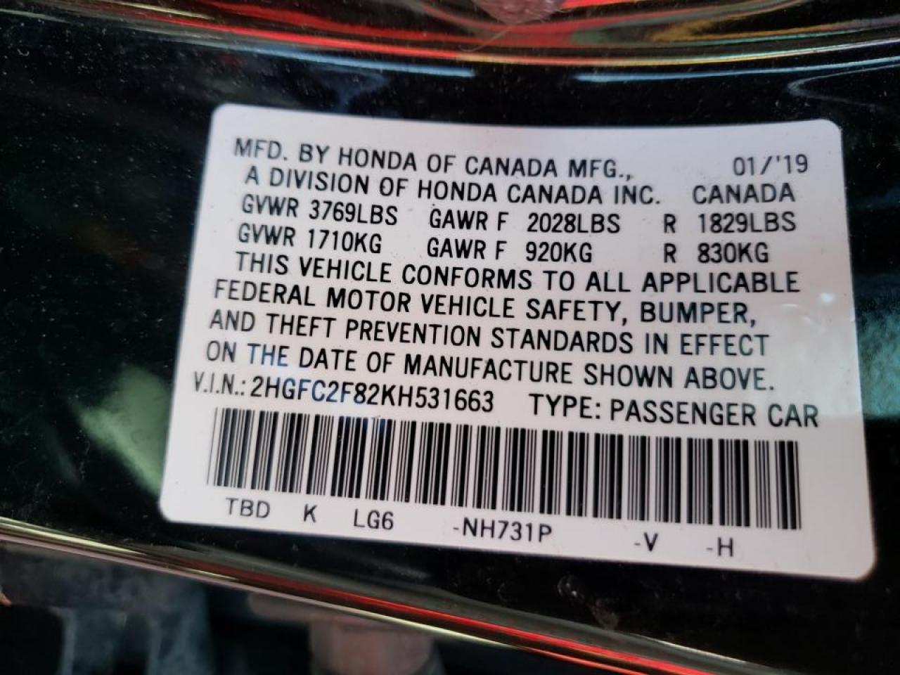 Photo 20 from auction – 2019 HONDA CIVIC SPOR with VIN 2HGFC2F82KH531663