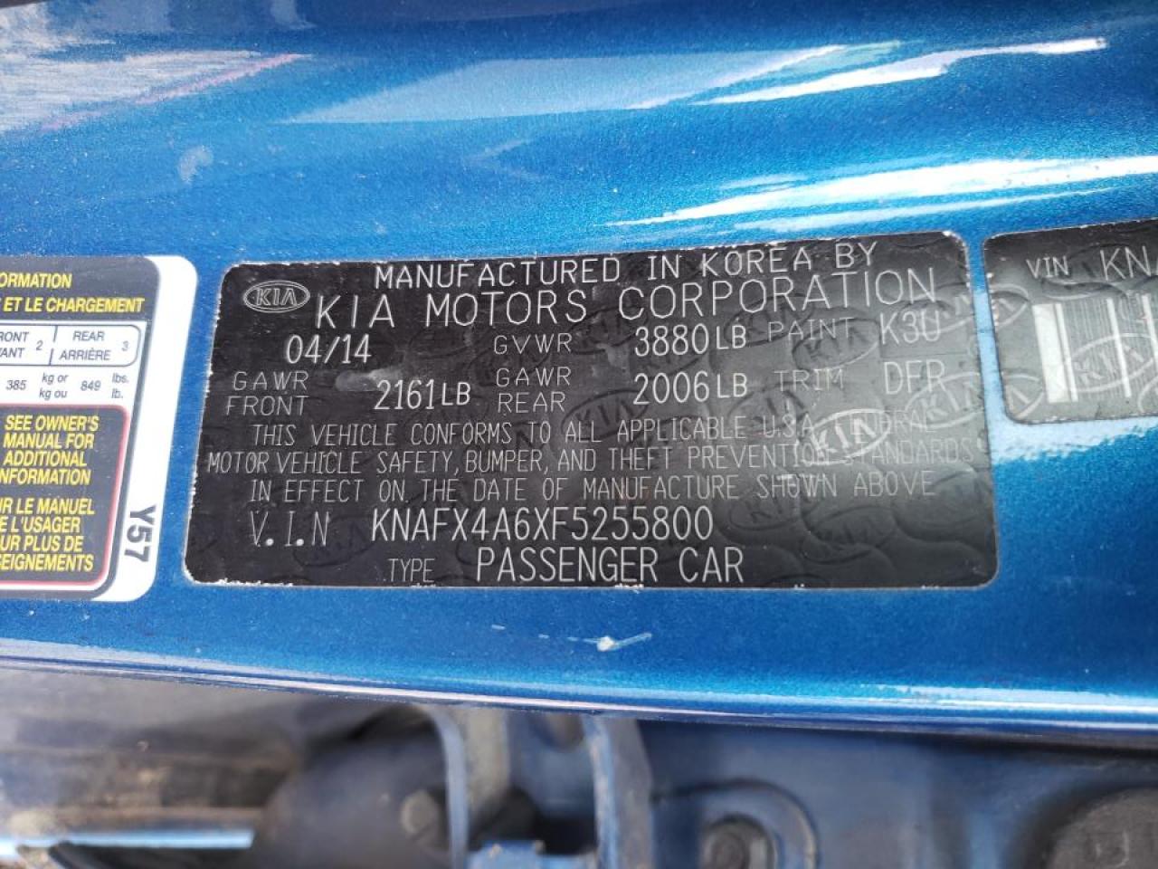 Photo 10 from auction – 2015 KIA FORTE LX with VIN KNAFX4A6XF5255800