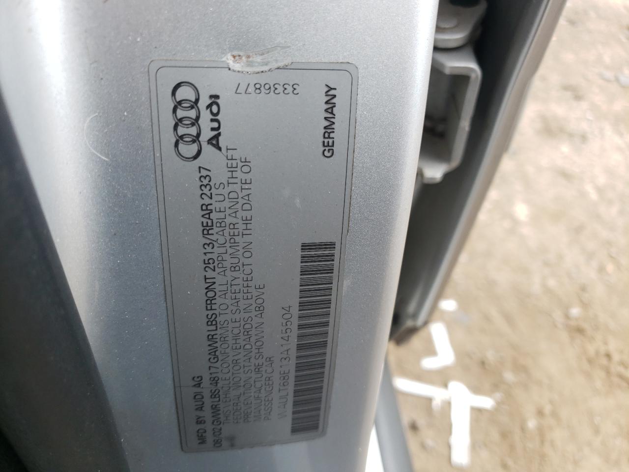 Photo 10 from auction – 2003 AUDI A4 3.0 QUA with VIN WAULT68E13A145504