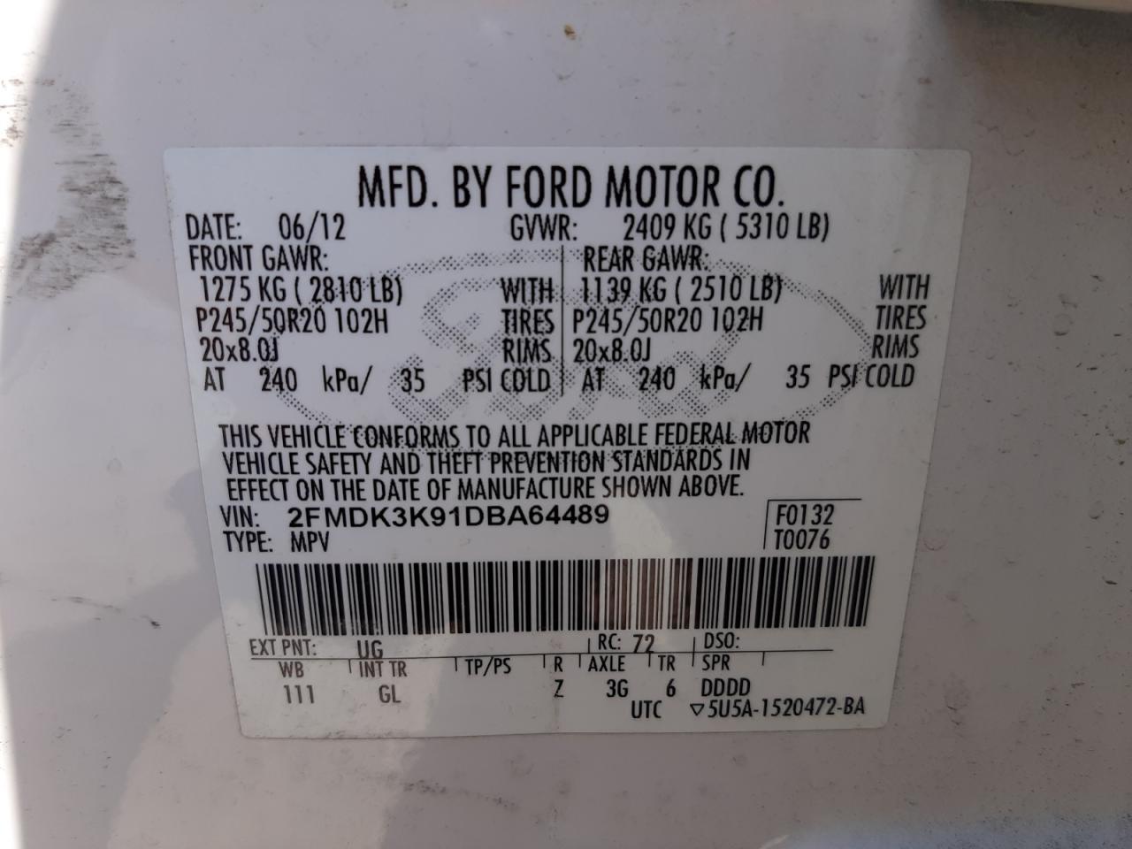 Photo 10 from auction – 2013 FORD EDGE SE AW with VIN 2FMDK3K91DBA64489