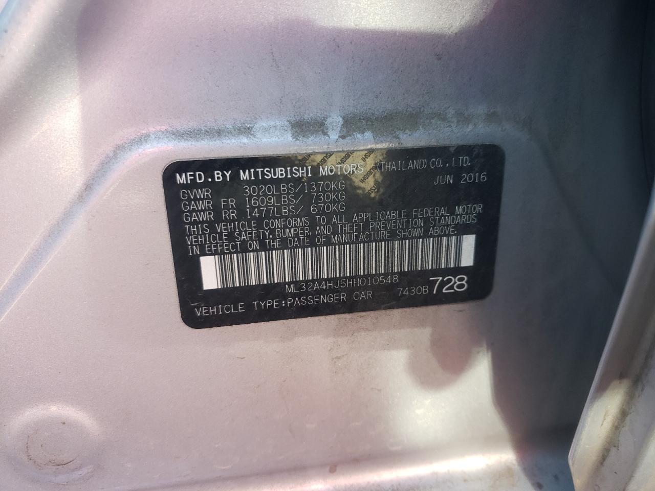 Photo 10 from auction – 2017 MITSUBISHI MIRAGE SE with VIN ML32A4HJ5HH010548