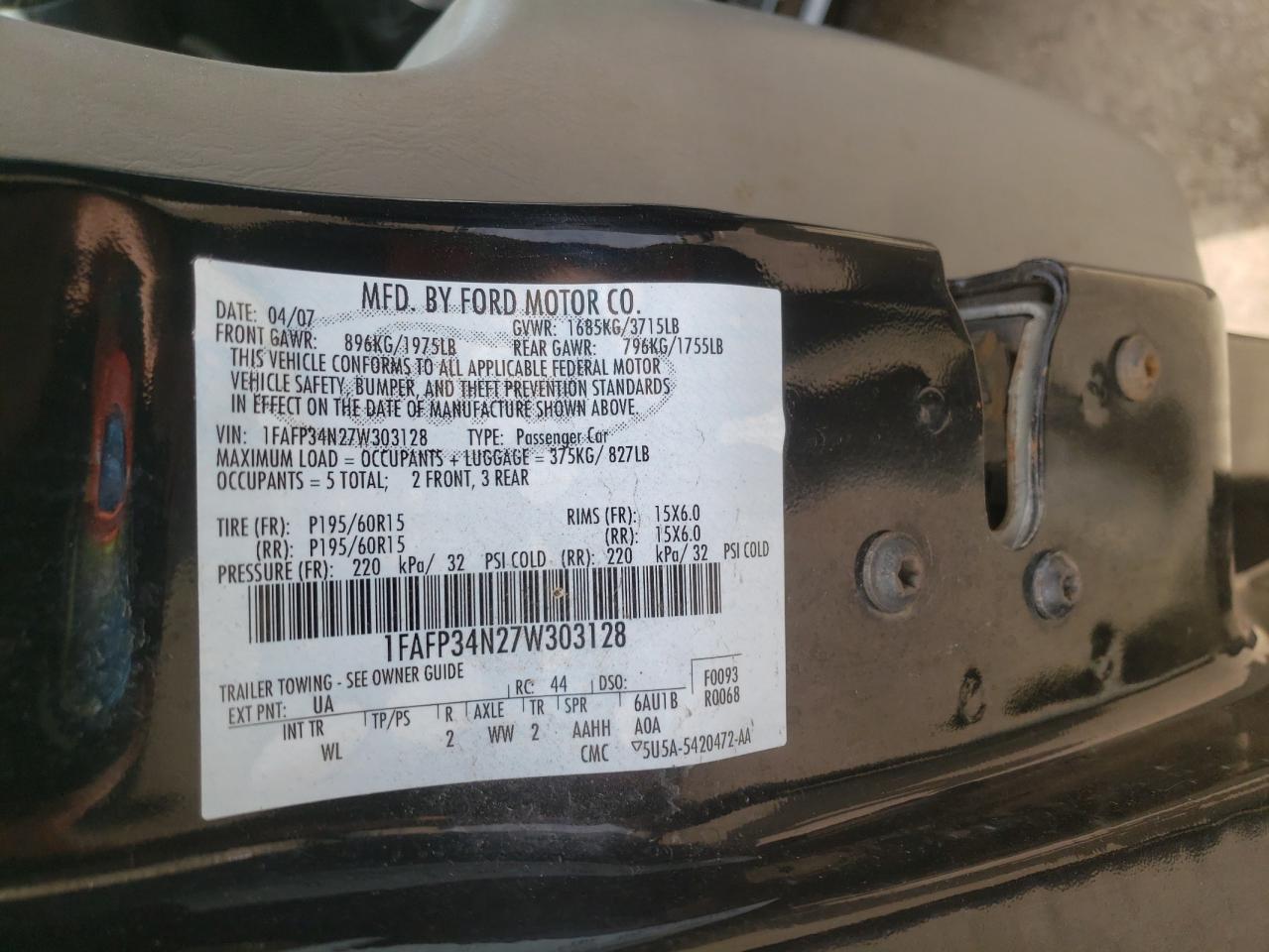 Photo 10 from auction – 2007 FORD FOCUS with VIN 1FAFP34N27W303128