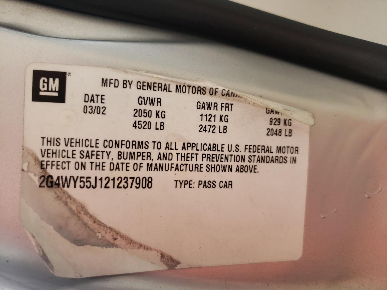Photo 10 from auction – 2002 BUICK CENTURY LI with VIN 2G4WY55J121237908