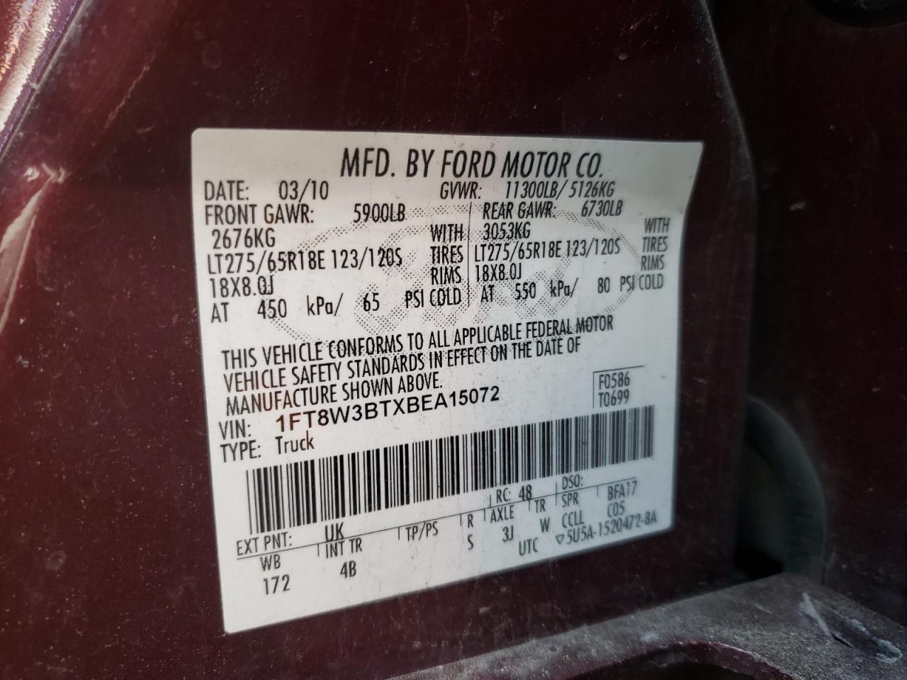 Photo 10 from auction – 2011 FORD F350 SUPER with VIN 1FT8W3BTXBEA15072