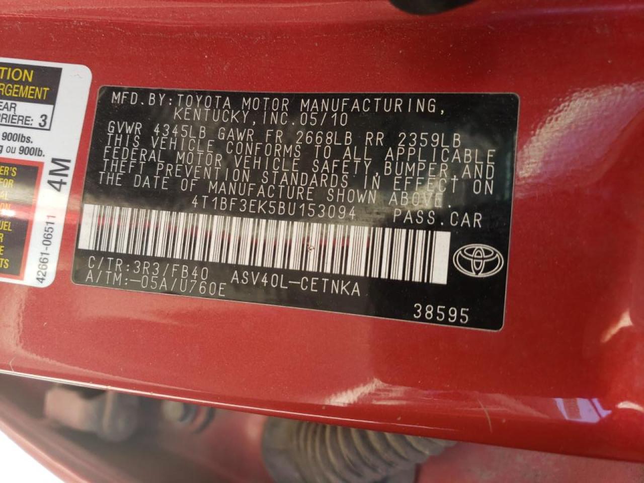 Photo 10 from auction – 2011 TOYOTA CAMRY BASE with VIN 4T1BF3EK5BU153094