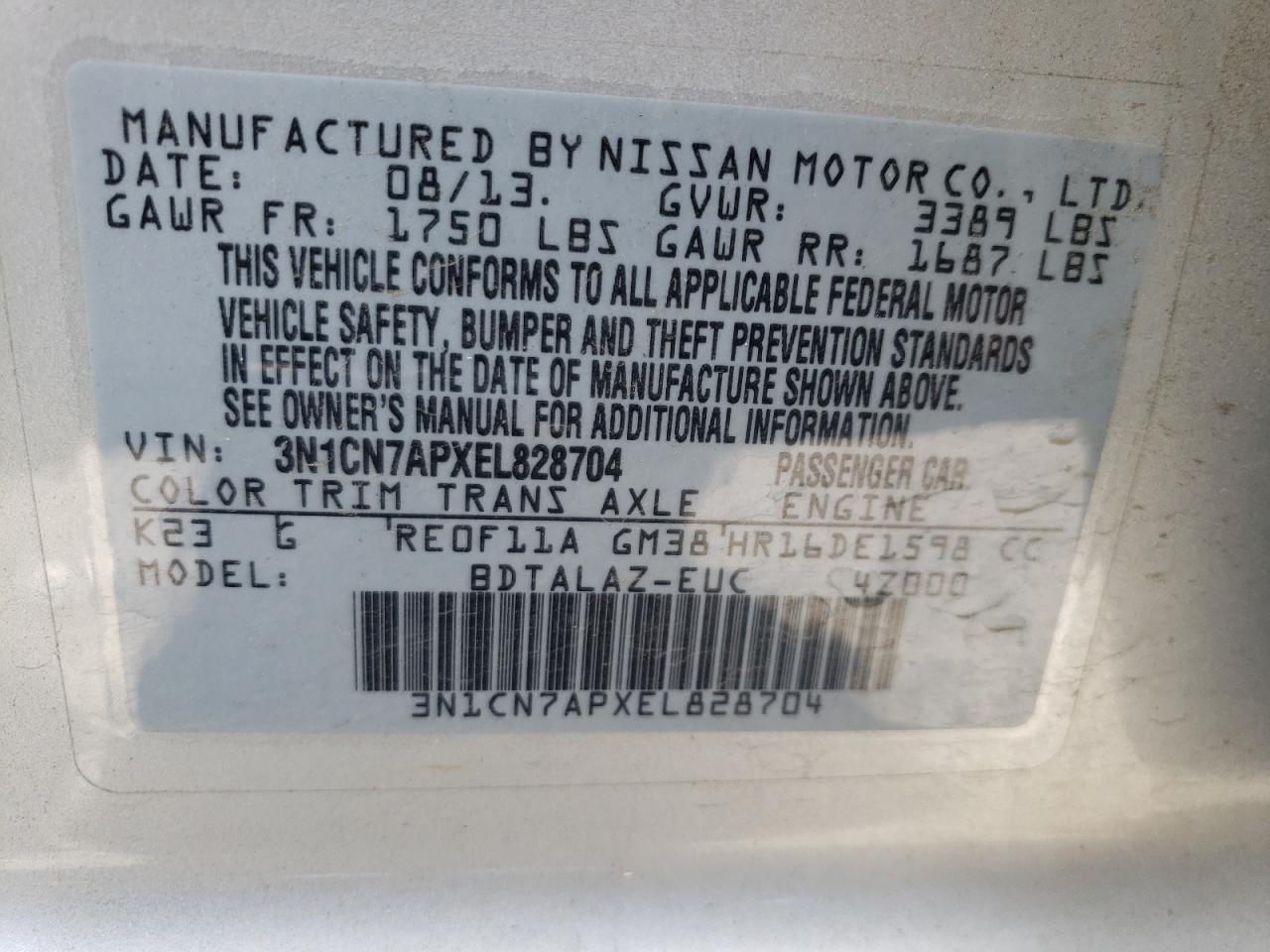 Photo 10 from auction – 2014 NISSAN VERSA S with VIN 3N1CN7APXEL828704