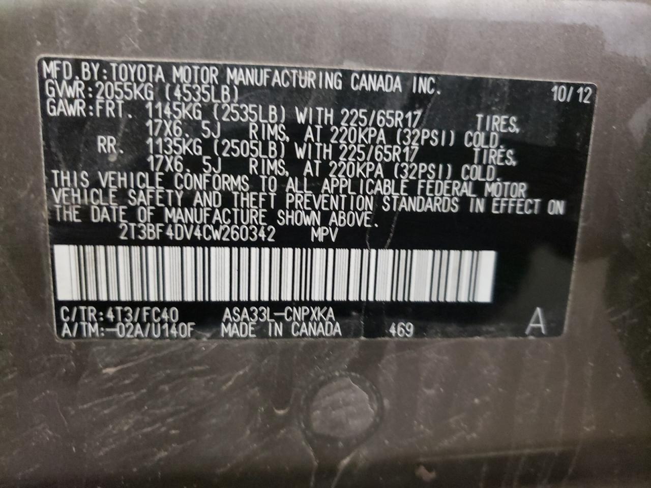 Photo 10 from auction – 2012 TOYOTA RAV4 with VIN 2T3BF4DV4CW260342