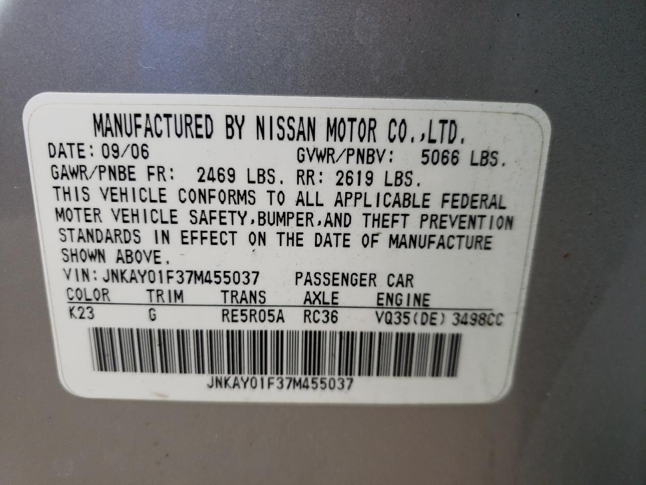 Photo 10 from auction – 2007 INFINITI M35 BASE with VIN JNKAY01F37M455037