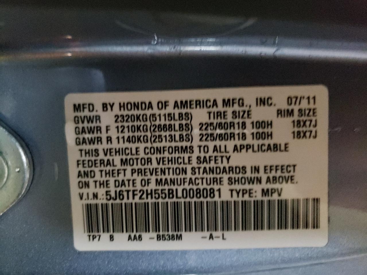 Photo 10 from auction – 2011 HONDA ACCORD CRO with VIN 5J6TF2H55BL008081