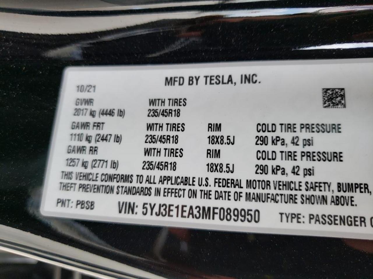 Photo 10 from auction – 2021 TESLA MODEL 3 with VIN 5YJ3E1EA3MF089950