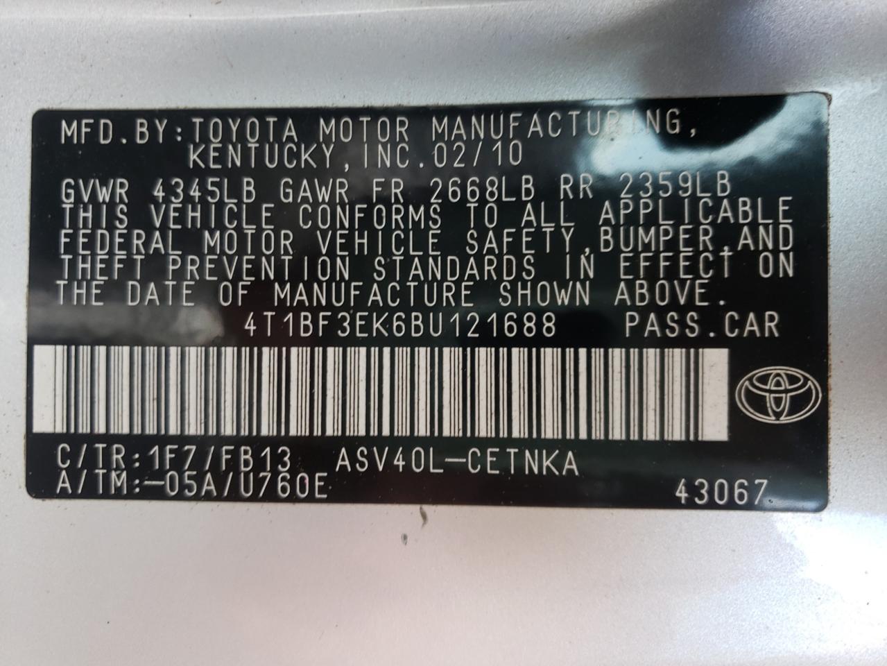 Photo 10 from auction – 2011 TOYOTA CAMRY BASE with VIN 4T1BF3EK6BU121688