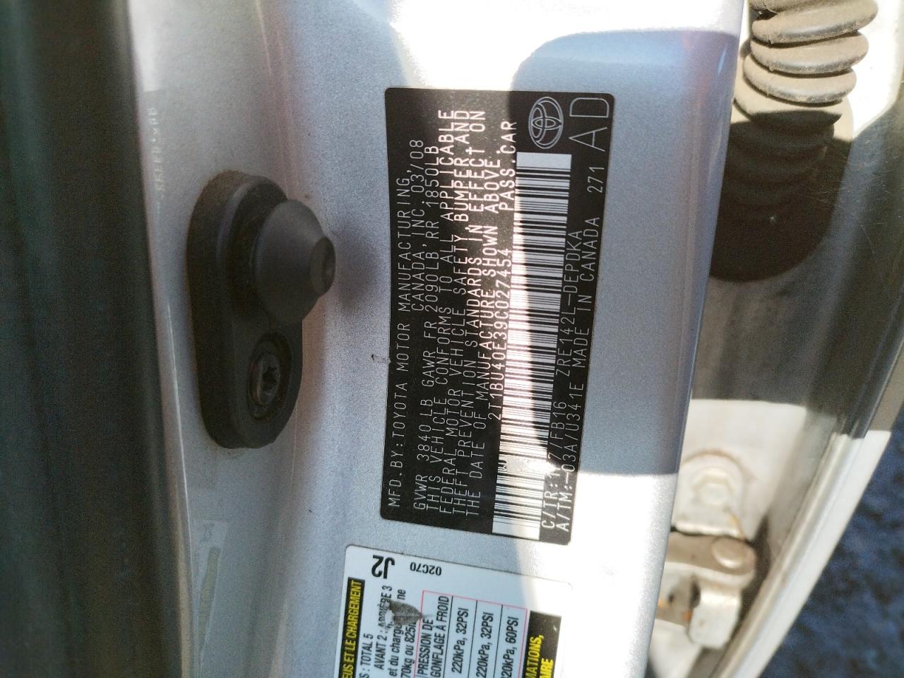 Photo 10 from auction – 2009 TOYOTA COROLLA BA with VIN 2T1BU40E39C027454