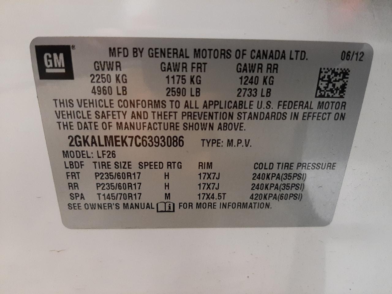 Photo 10 from auction – 2012 GMC TERRAIN SL with VIN 2GKALMEK7C6393086